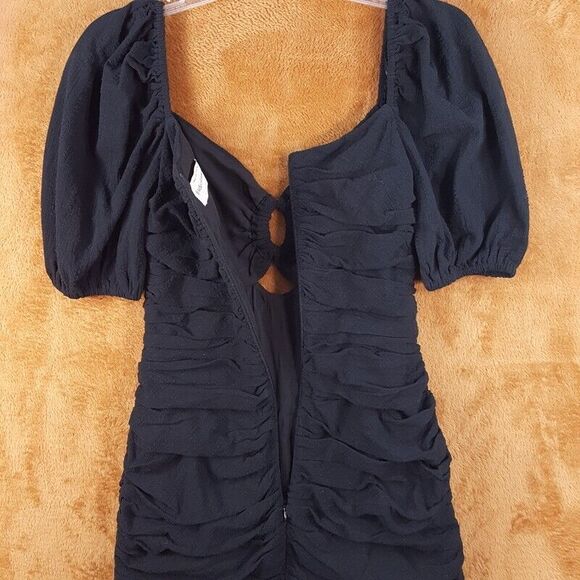 FINDERS KEEPERS Womens Dress Size 6 Black Bodycon Ruched Puff Sleeve Keyhole - Picture 5 of 9